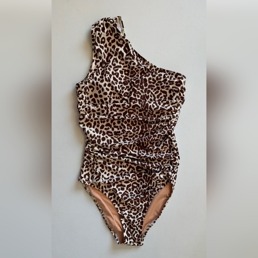 NWT- J. Crew Leopard Print One Shoulder Ruched One Piece Swim Suite- Size 0 - Picture 5 of 16